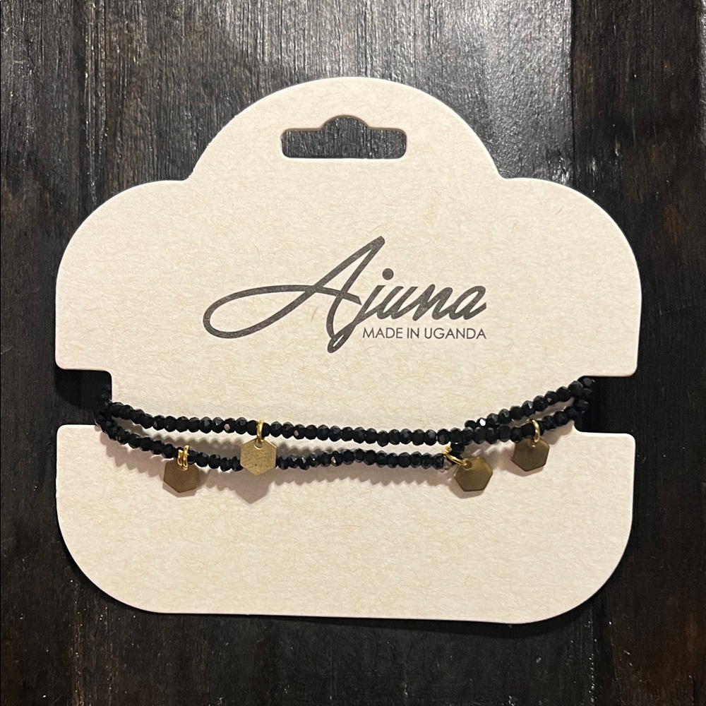 Black Beaded Bracelet Set with Gold Hex Charms